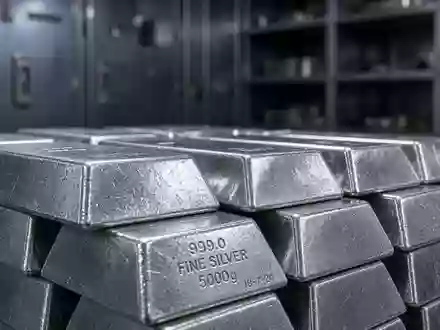 Gestapelte Silberbarren in einem industriellen Tresorraum. - Foto: über boerse-global.de
