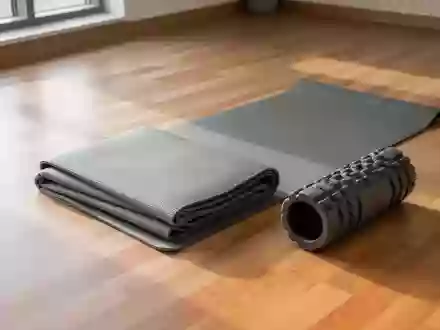 Ein minimalistischer, leerer Sportraum mit einer Yogamatte und einer Faszienrolle auf einem Holzboden. - Foto: über boerse-global.de