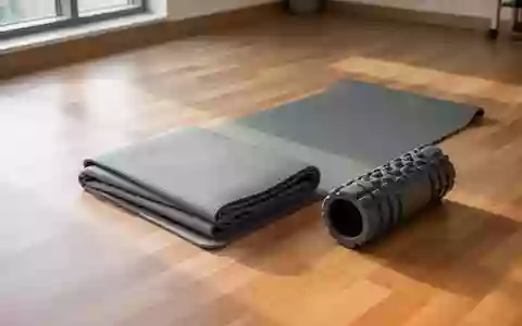 Ein minimalistischer, leerer Sportraum mit einer Yogamatte und einer Faszienrolle auf einem Holzboden. - Foto: über boerse-global.de