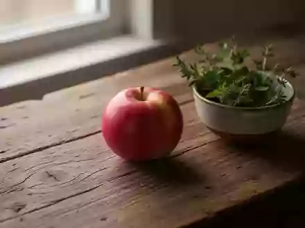 Ein einzelnes Stück reifes Obst und eine Schale mit Kräutern auf einem rustikalen Holztisch im sanften Tageslicht. - Foto: über boerse-global.de