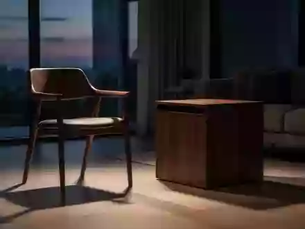 Ein minimalistisch eingerichteter, schattiger Wohnraum bei Dämmerung mit einem leeren Stuhl und einem Holztisch. - Foto: über boerse-global.de