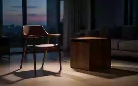 Ein minimalistisch eingerichteter, schattiger Wohnraum bei Dämmerung mit einem leeren Stuhl und einem Holztisch. - Foto: über boerse-global.de