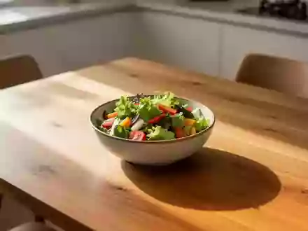 Eine schlichte Schale mit frischem Salat auf einem hölzernen Esstisch in einem hellen, sonnendurchfluteten Raum. - Foto: über boerse-global.de