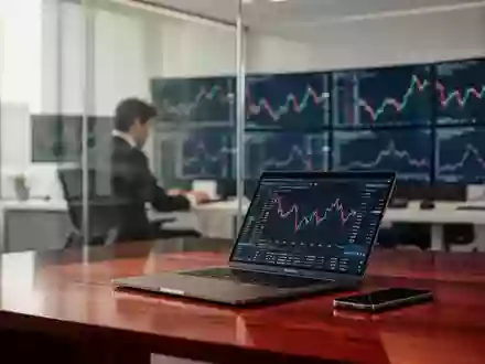Ein moderner, minimalistischer Handelsraum mit einem unscharfen Arbeitsplatz und Finanzdiagrammen im Hintergrund. - Foto: über boerse-global.de