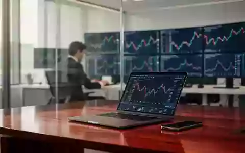 Ein moderner, minimalistischer Handelsraum mit einem unscharfen Arbeitsplatz und Finanzdiagrammen im Hintergrund. - Foto: über boerse-global.de