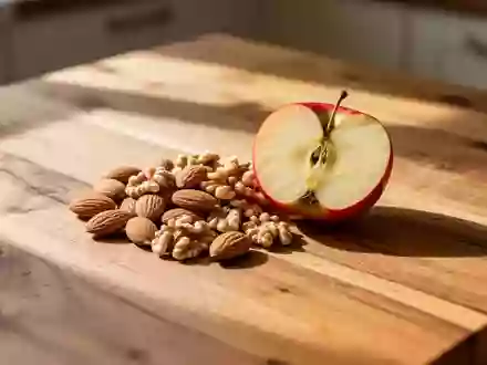 Naturbelassene Lebensmittel wie Nüsse und ein Apfel auf einem Holztisch in natürlichem Morgenlicht. - Foto: über boerse-global.de