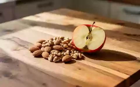 Naturbelassene Lebensmittel wie Nüsse und ein Apfel auf einem Holztisch in natürlichem Morgenlicht. - Foto: über boerse-global.de