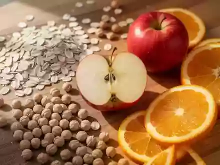 Frische Haferflocken, Kichererbsen, Äpfel und Zitrusfrüchte auf einer hölzernen Arbeitsfläche als Symbol für herzgesunde Ernährung. - Foto: über boerse-global.de