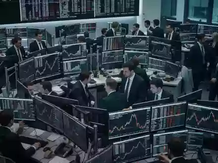Börsenparkett in Frankfurt mit Händlern vor Monitoren, die abstrakte Finanzkurse anzeigen. - Foto: über boerse-global.de