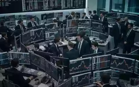 Börsenparkett in Frankfurt mit Händlern vor Monitoren, die abstrakte Finanzkurse anzeigen. - Foto: über boerse-global.de