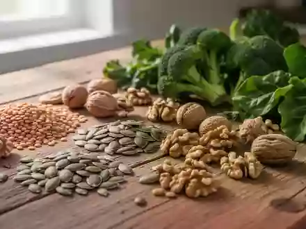 Nahaufnahme von verschiedenen unverarbeiteten Lebensmitteln wie Linsen, Kürbiskernen, Nüssen und Gemüse auf einem Holztisch. - Foto: über boerse-global.de