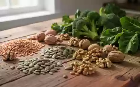 Nahaufnahme von verschiedenen unverarbeiteten Lebensmitteln wie Linsen, Kürbiskernen, Nüssen und Gemüse auf einem Holztisch. - Foto: über boerse-global.de