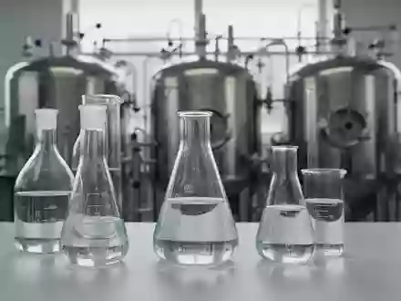 Laborausstattung mit Glasgefäßen vor unscharfen Edelstahltanks einer Fermentationsanlage - Foto: über boerse-global.de