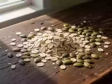 Nahaufnahme von Haferflocken und Kürbiskernen auf einem rustikalen Holztisch bei natürlichem Licht. - Foto: über boerse-global.de