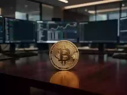 Eine einzelne physische Bitcoin-Münze auf einem dunklen Schreibtisch vor verschwommenen Monitoren. - Foto: über boerse-global.de