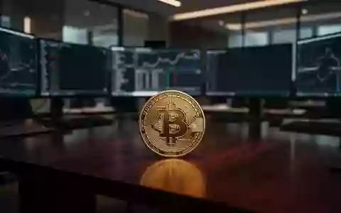 Eine einzelne physische Bitcoin-Münze auf einem dunklen Schreibtisch vor verschwommenen Monitoren. - Foto: über boerse-global.de