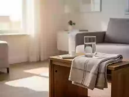 Ein helles, modern eingerichtetes Wohnzimmer mit einem Holztisch bei Tageslicht, das eine häusliche Pflegeumgebung symbolisiert. - Foto: über boerse-global.de