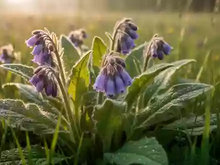 Nahaufnahme der Blüten und Blätter des Echten Beinwells in einer natürlichen Wiesenlandschaft. - Foto: über boerse-global.de