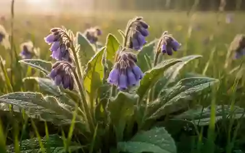 Nahaufnahme der Blüten und Blätter des Echten Beinwells in einer natürlichen Wiesenlandschaft. - Foto: über boerse-global.de
