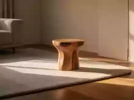 Ein minimalistisch eingerichteter Wohnbereich mit einem Holztisch in warmem, natürlichem Licht, der eine ruhige und entspannte Atmosphäre vermittelt. - Foto: über boerse-global.de
