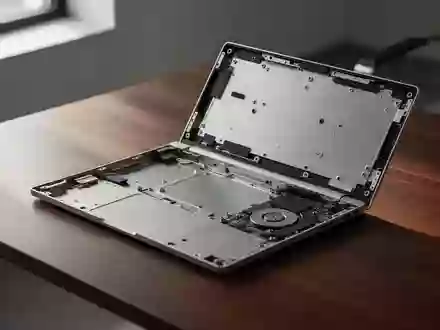 Ein leeres, offenes Laptop-Gehäuse auf dunklem Holzschreibtisch im Morgenlicht, Fokus auf Industriedesign. - Foto: über boerse-global.de