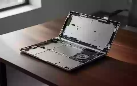 Ein leeres, offenes Laptop-Gehäuse auf dunklem Holzschreibtisch im Morgenlicht, Fokus auf Industriedesign. - Foto: über boerse-global.de