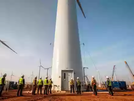 Arbeiter bei der Montage einer modernen Windkraftanlage auf einem Windparkgelände unter blauem Himmel. - Foto: über boerse-global.de