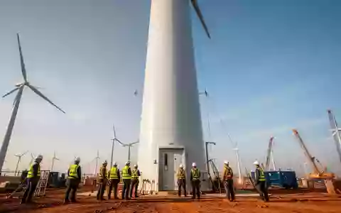 Arbeiter bei der Montage einer modernen Windkraftanlage auf einem Windparkgelände unter blauem Himmel. - Foto: über boerse-global.de