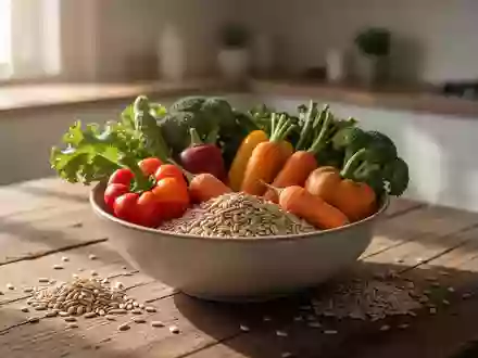 Eine Schale mit frischem Gemüse und Vollkornprodukten auf einem Holztisch als Symbol für gesunde Ernährung und Stoffwechsel. - Foto: über boerse-global.de