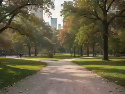 Ein sonniger, leerer Park mit einem geschwungenen Kiesweg und grünen Bäumen im Stadtgebiet. - Foto: über boerse-global.de