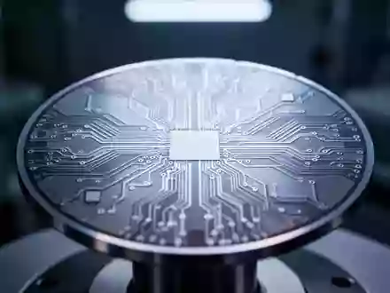 Nahaufnahme einer Silizium-Wafer-Oberfläche mit komplexen mikroskopischen Schaltungsstrukturen in einem Labor. - Foto: über boerse-global.de