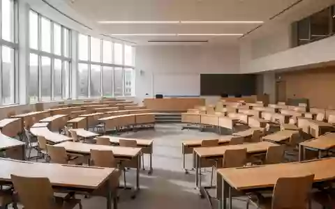 Ein moderner, leerer Seminarraum an einer Universität mit kreisförmig angeordneten Tischen und Stühlen bei Tageslicht. - Foto: über boerse-global.de
