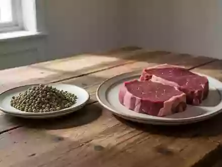Rohfleisch und getrocknete Erbsen auf einem Holztisch als Symbol für die Untersuchung verschiedener Proteinquellen. - Foto: über boerse-global.de