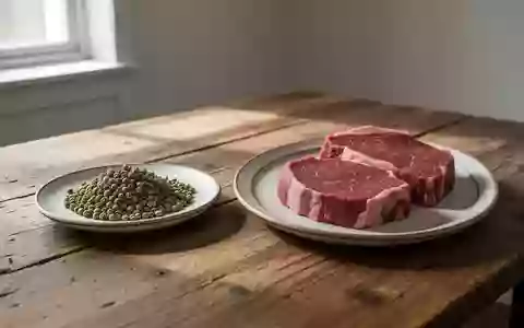 Rohfleisch und getrocknete Erbsen auf einem Holztisch als Symbol für die Untersuchung verschiedener Proteinquellen. - Foto: über boerse-global.de