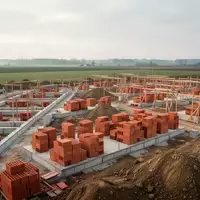 Baustelle eines neuen Wohnquartiers mit Erdarbeiten und Fundamenten auf einem weitläufigen Gelände unter bewölktem Himmel. - Foto: über boerse-global.de