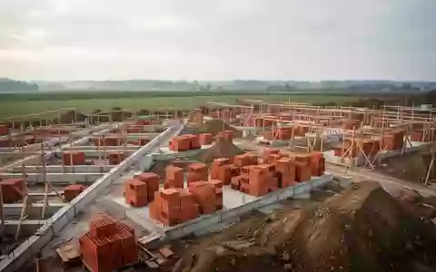 Baustelle eines neuen Wohnquartiers mit Erdarbeiten und Fundamenten auf einem weitläufigen Gelände unter bewölktem Himmel. - Foto: über boerse-global.de