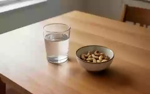 Ein schlichter Holztisch mit einem leeren Wasserglas und einer kleinen Schale mit Nüssen in einer ruhigen, hellen Umgebung. - Foto: über boerse-global.de