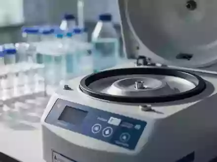 Ein steriles medizinisches Labor mit einer Zentrifuge und unscharfen Glasröhrchen im Hintergrund. - Foto: über boerse-global.de