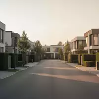 Eine ruhige Wohnstraße mit modernen Einfamilienhäusern bei Sonnenuntergang. - Foto: über boerse-global.de