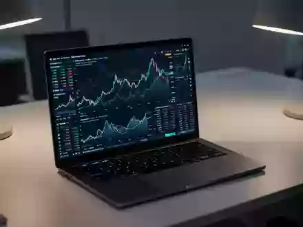 Ein moderner Arbeitsplatz mit einem Laptop, auf dem komplexe Finanzdiagramme und Datenvisualisierungen zu sehen sind. - Foto: über boerse-global.de