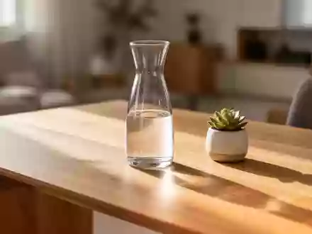 Ein aufgeräumter Schreibtisch aus hellem Holz mit einer Glaskaraffe und einer Pflanze in weichem Tageslicht. - Foto: über boerse-global.de