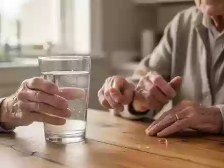 Eine ältere Person hält eine Fischölkapsel und ein Glas Wasser an einem Küchentisch. - Foto: über boerse-global.de
