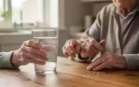 Eine ältere Person hält eine Fischölkapsel und ein Glas Wasser an einem Küchentisch. - Foto: über boerse-global.de