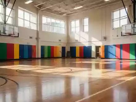 Helle, moderne Schulturnhalle mit poliertem Holzboden und bunten Wandmatten, in der kein Betrieb herrscht. - Foto: über boerse-global.de