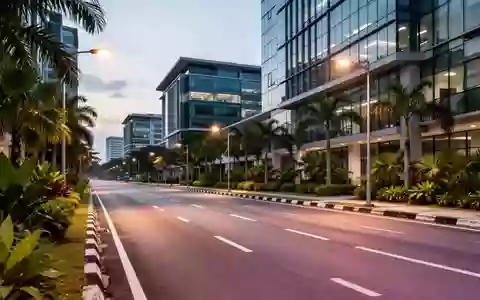 Eine leere, moderne Stadtstraße in Cyberjaya, Malaysia, umgeben von Bürogebäuden und tropischer Vegetation bei Dämmerung. - Foto: über boerse-global.de