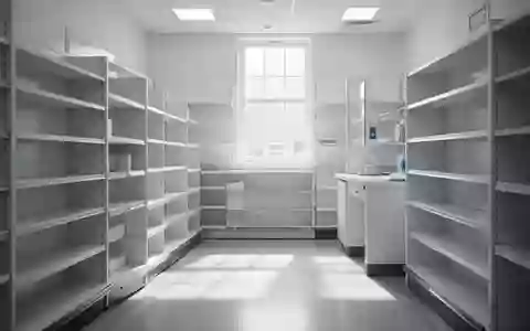 Ein minimalistischer, leerer Innenraum einer Apotheke mit weißen Regalen und klarem, klinischem Design. - Foto: über boerse-global.de