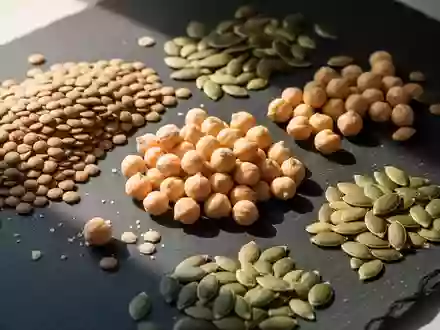 Natürliche pflanzliche Proteinquellen wie Linsen, Kichererbsen und Kürbiskerne auf einer dunklen Schieferplatte. - Foto: über boerse-global.de