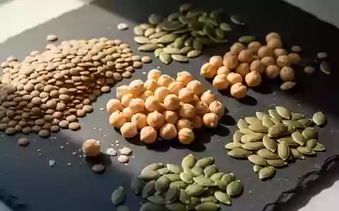 Natürliche pflanzliche Proteinquellen wie Linsen, Kichererbsen und Kürbiskerne auf einer dunklen Schieferplatte. - Foto: über boerse-global.de