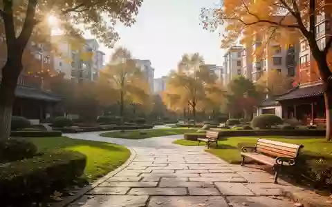 Ein sonniger, ruhiger öffentlicher Park in einem chinesischen Wohnviertel mit steinernen Gehwegen und Grünanlagen. - Foto: über boerse-global.de