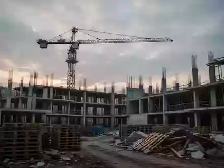 Eine stillgelegte Großbaustelle mit einem einsamen Baukran und unfertigen Betonbauten bei Dämmerung. - Foto: über boerse-global.de